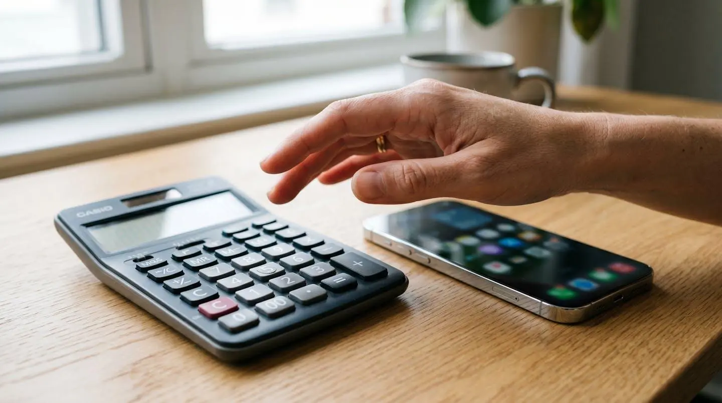 Gros plan sur une calculatrice moderne et un smartphone posés sur une surface blanche épurée, avec une main en arrière-plan effectuant un calcul