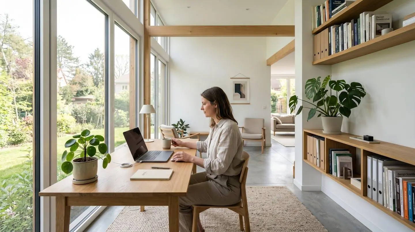 Vue grand angle d'un espace de travail contemporain baigné de lumière naturelle, avec un bureau épuré, une plante verte et des étagères minimalistes