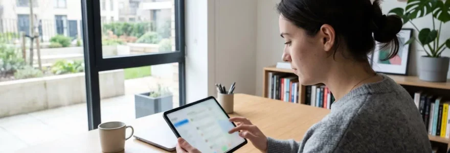 Une jeune femme vue de dos, assise à un bureau moderne baigné de lumière naturelle, consulte une tablette en réfléchissant à ses choix d'épargne